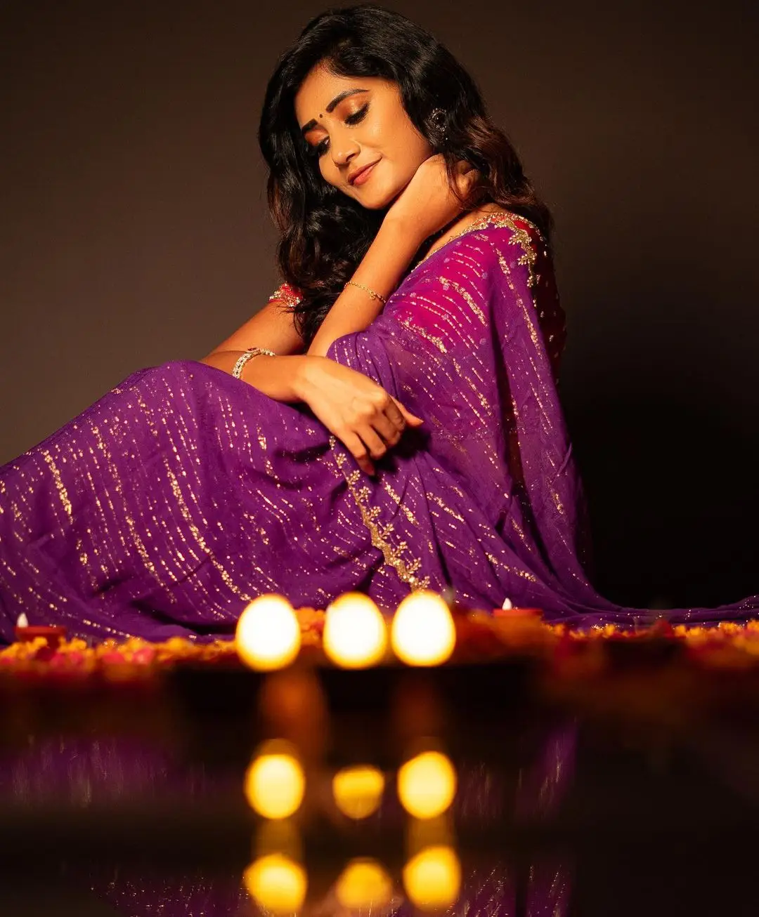 Vasanthi Krishnan Wearing Traditional Violet Saree Blouse